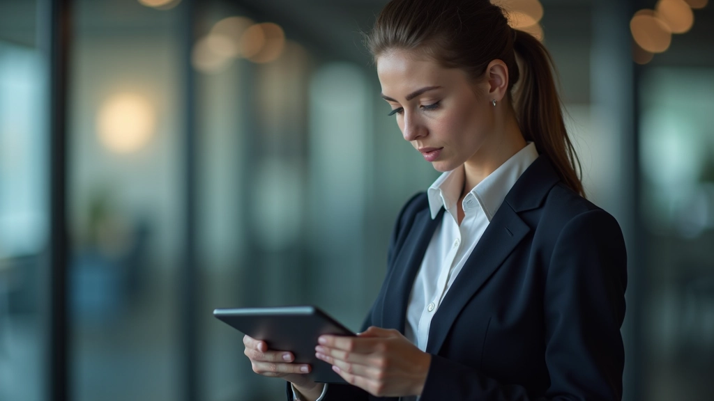 Podnikatelka studuje data o obchodu a exportu na tabletu v kancelářském prostředí