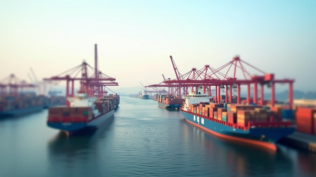 Přístav s lodemi a kontejnery, symbolizující mezinárodní obchod a logistiku