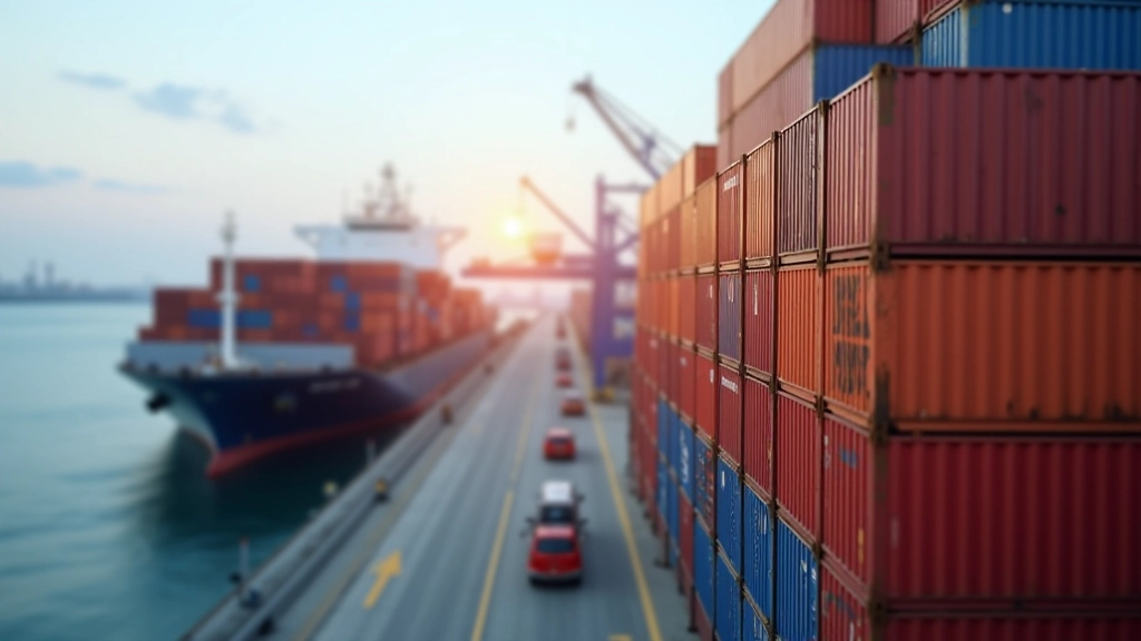 Kontejnery v přístavu s lodí připravenou k odplutí do zahraničí