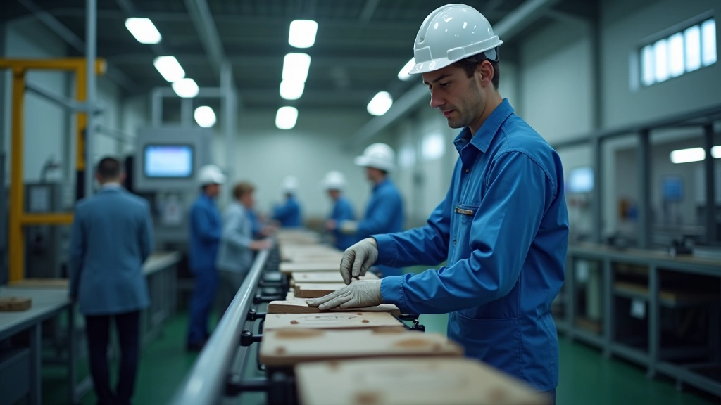 Pracovník v továrně kontroluje kvalitu výrobku na výrobní lince s moderním vybavením