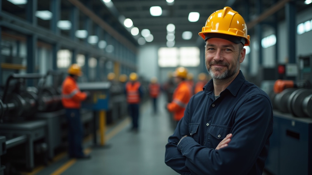 Ocelová průmyslová zařízení továrny s pracovníky v bezpečnostní výstroji