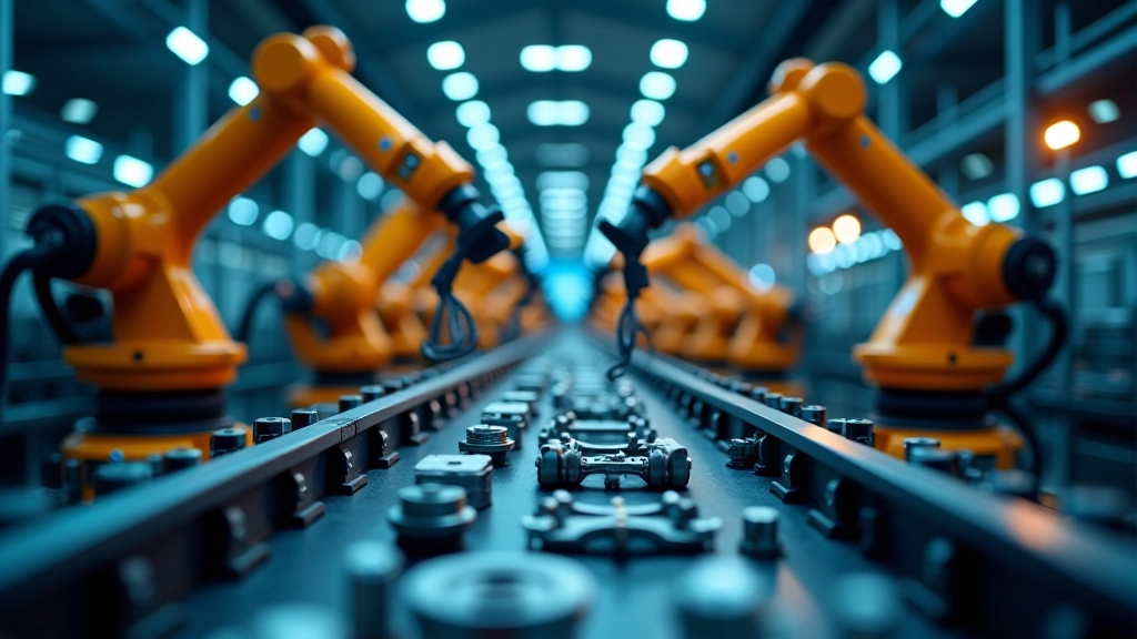 Automatizovaná továrna s robotickými rameny vyrábějícími automobilové součástky na výrobní lince