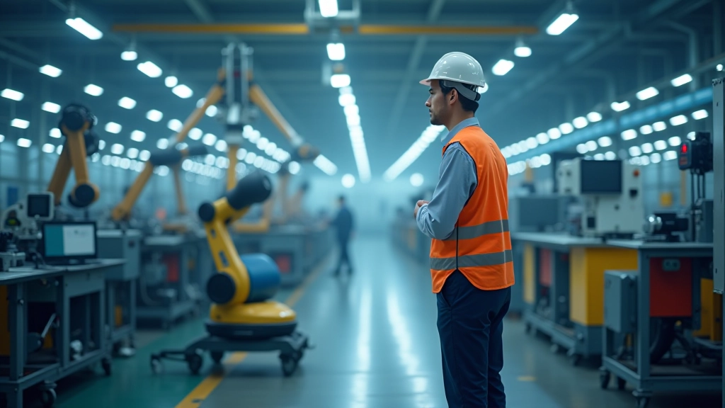 Moderní tovární hala s robotickými manipulátory, která ilustruje automatizaci a vysokou technologickou úroveň výroby