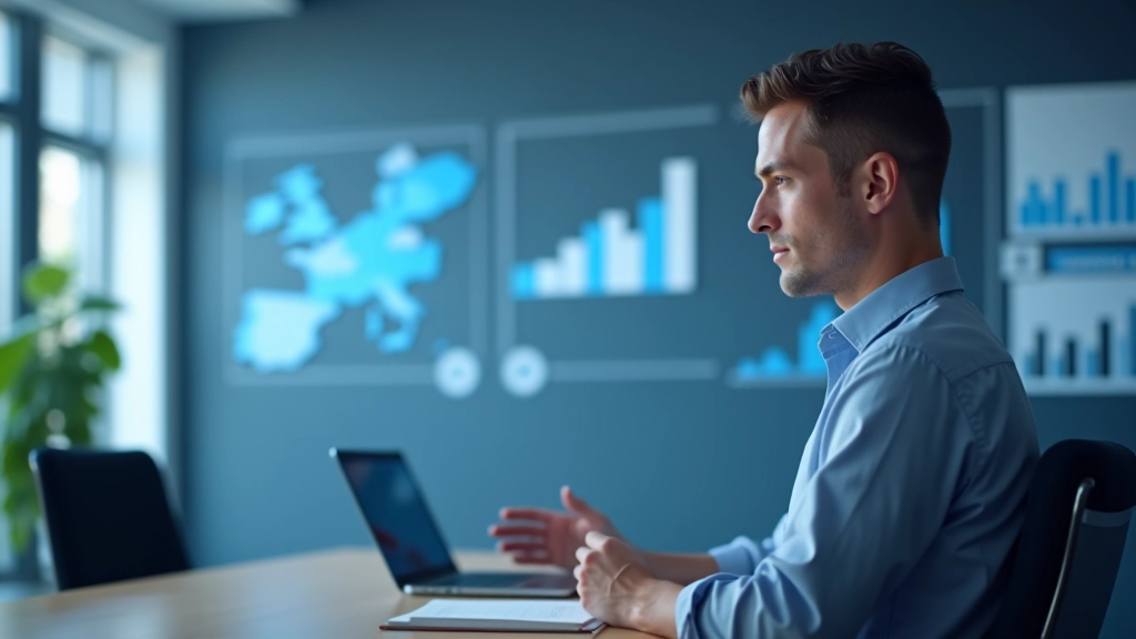 Moderní kancelářské prostředí s mapou Evropy a obchodními grafy na obrazovce